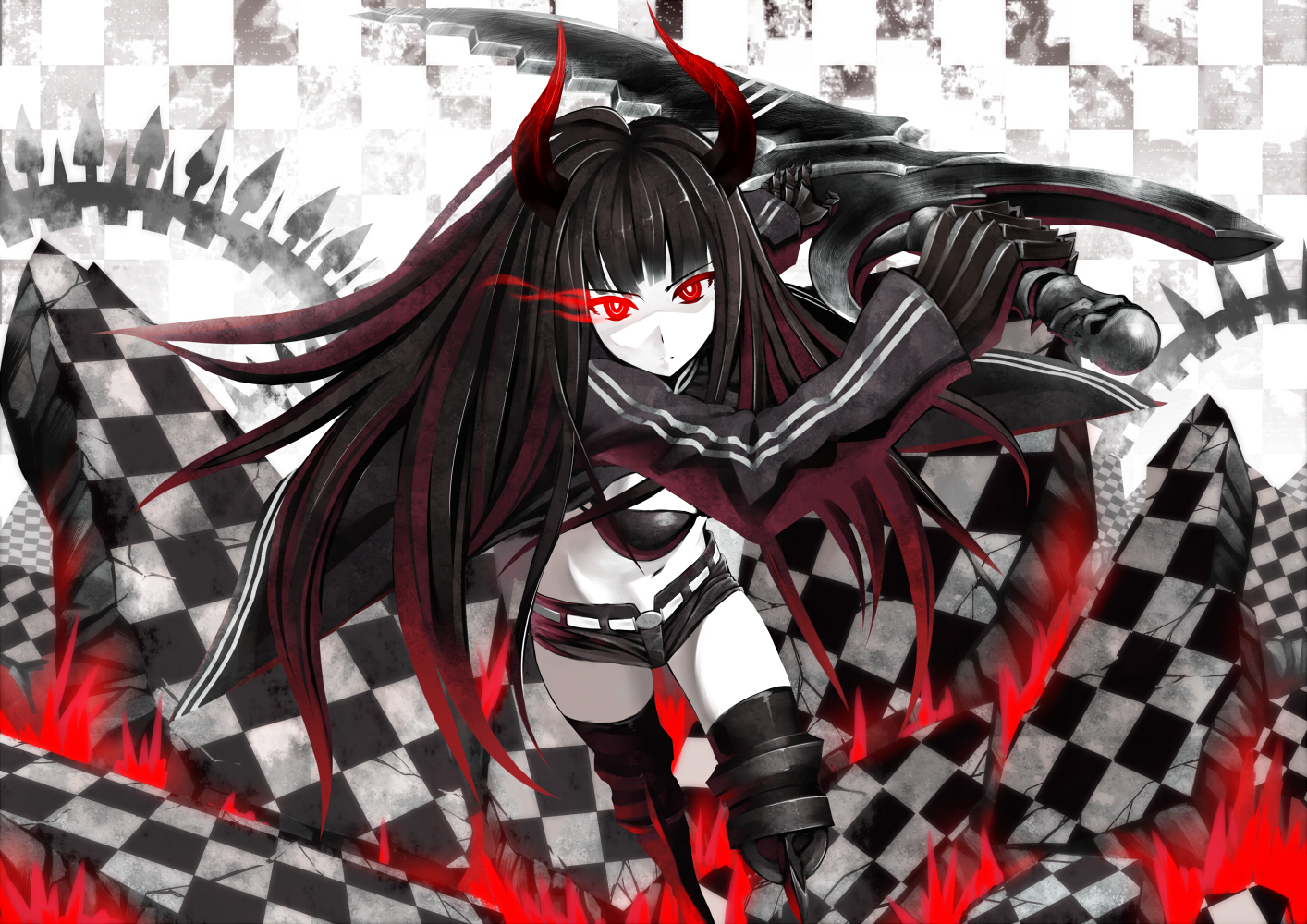 Konachan.com - 82229 black_gold_saw black_rock_shooter eshi horns red_eyes sword thighhighs weapon